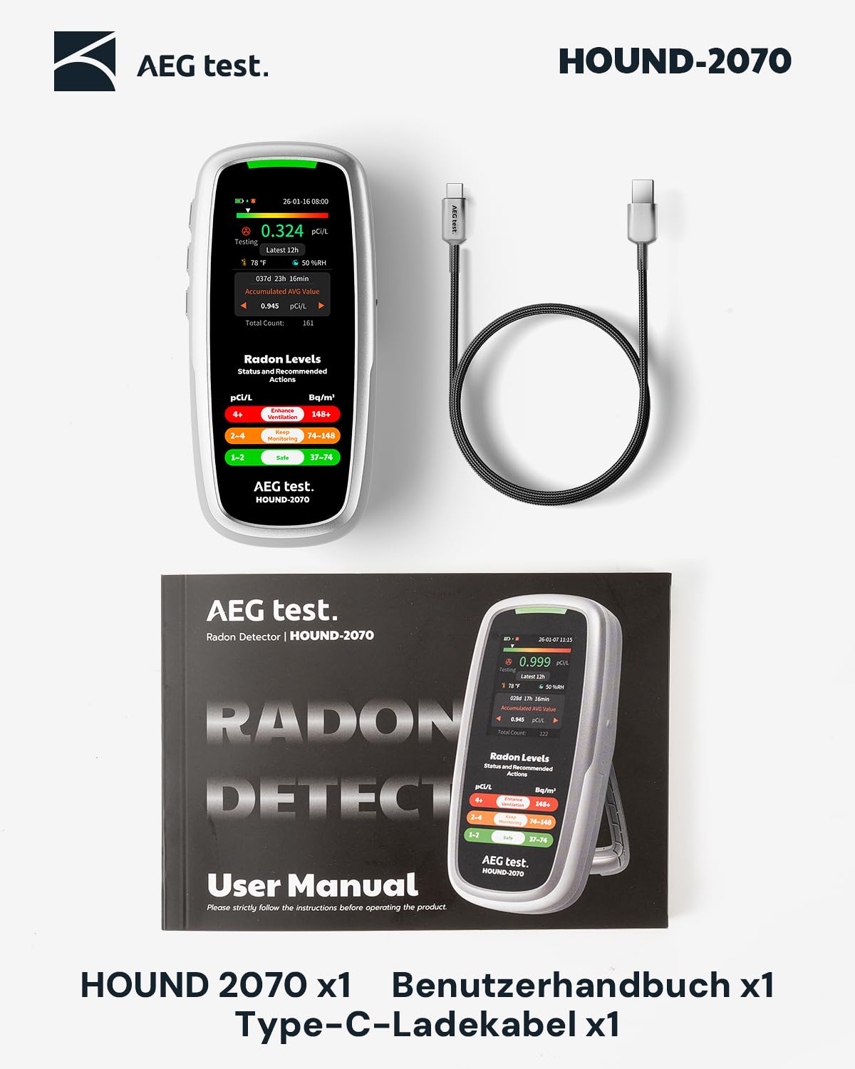 HOUND-2070 Radonmessgerät für Zuhause, mit Temperatur- & Luftfeuchtigkeitsanzeige, 504 Tage Datenspeicherung, wiederaufladbar, 3-in-1 tragbarer Radontester für Keller, pCi/L oder Bq/m³