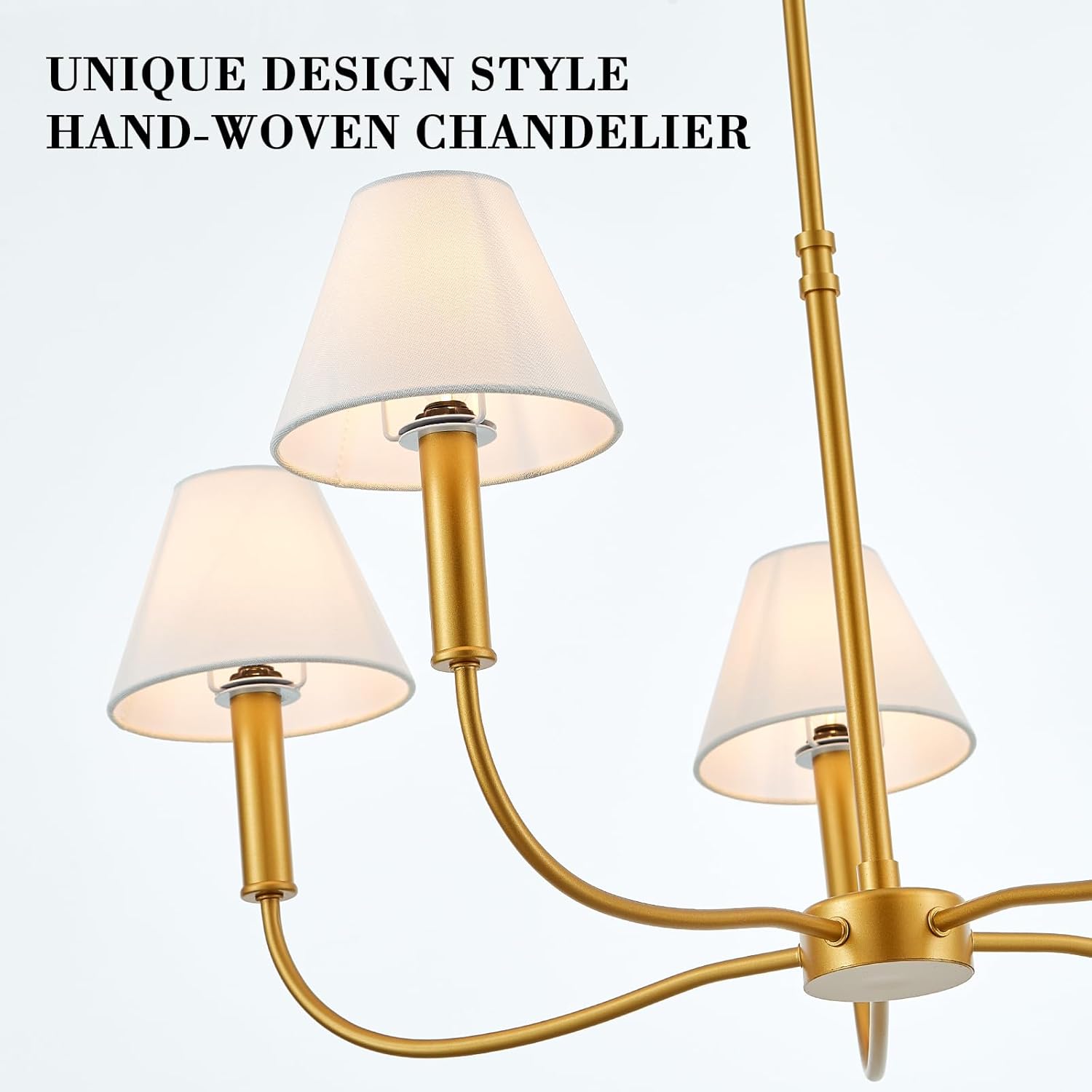 Farmhosue Chandelier, 5-Light Modern Gold Chandelier with Whte Fabric Shades, 30.7’’ Large Dining Room Light Fixture Linear Pendant Light Fixture for Kitchen Bedroom Living Room, UL Listed