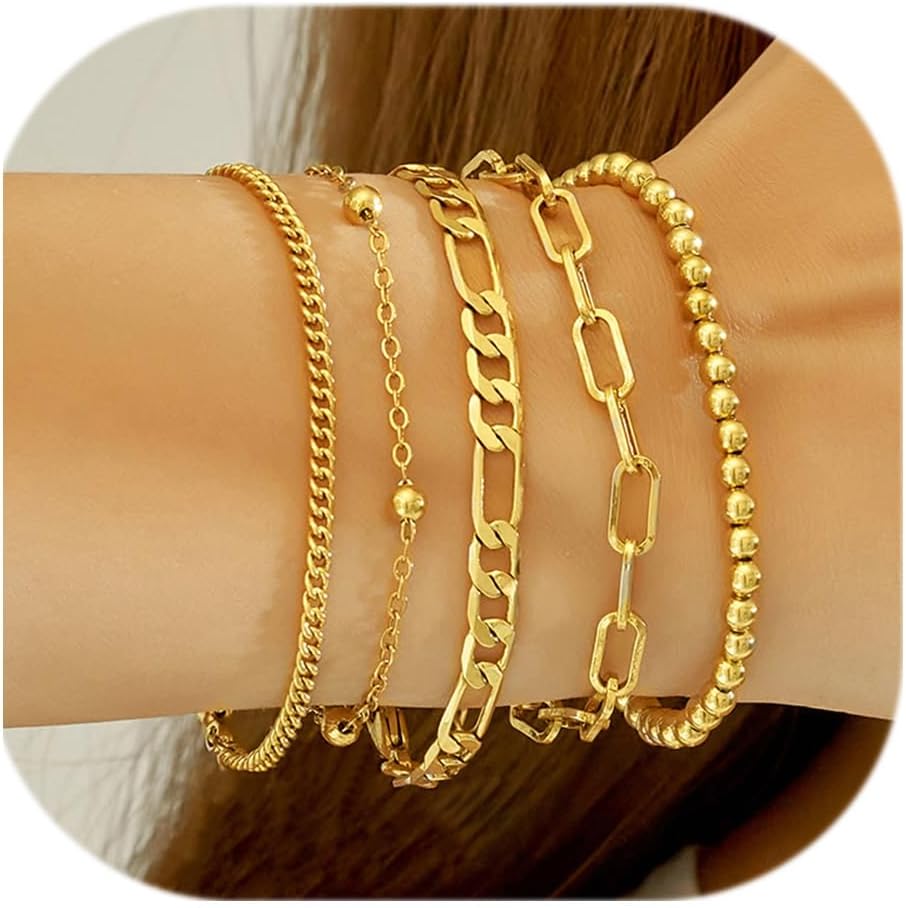 Wgoud Waterproof Gold Bracelets for Women Trendy, Dainty 14K Real Gold Plated Fashion Stackable Bracelet Sets for Women Thin Cuban Link Paperclip Chain Bracelets Layered Gold Jewelry Sets Gifts for Womens