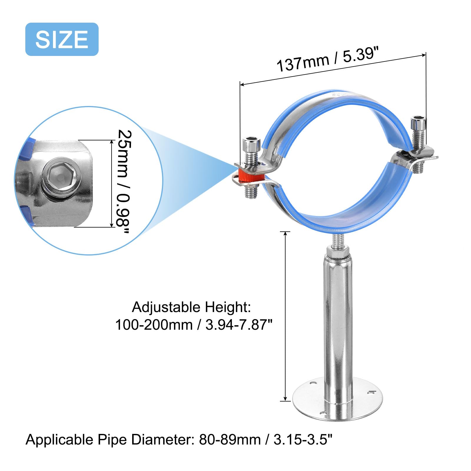 QUARKZMAN 2Pcs Supports de Tuyaux, Support Mural en Acier Inoxydable, Support de Plafond, Hauteur Réglable 100-200mm pour Tuyau OD 80-89mm
