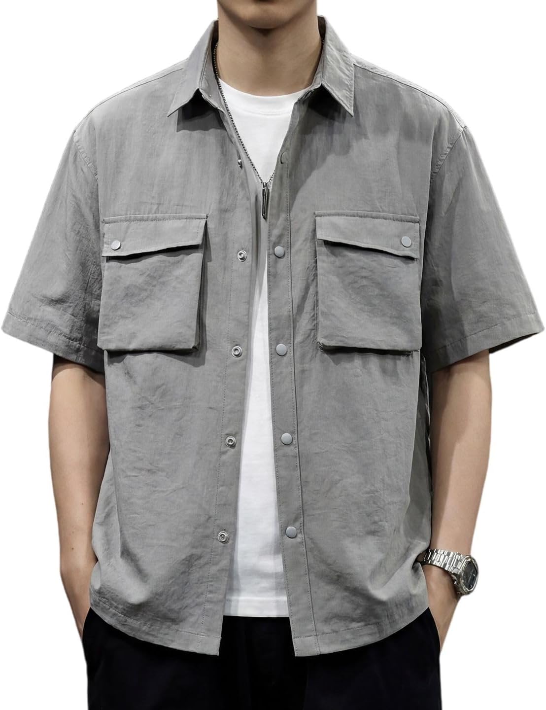 Men's American Vintage Solid Color Short Sleeve Work Shirt Button Down Multi Pocket Relaxed Fit