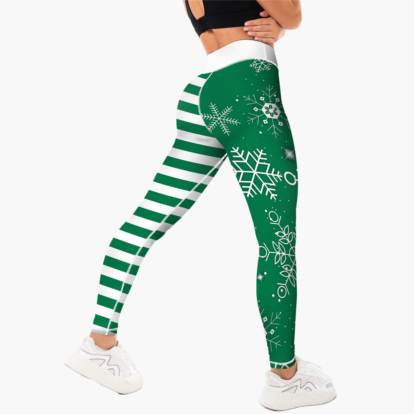 Women's Christmas Leggings Printed High Waisted Tights Trendy Workout Yoga Pants(Snowflake Pattern,Green Stripes,XL)