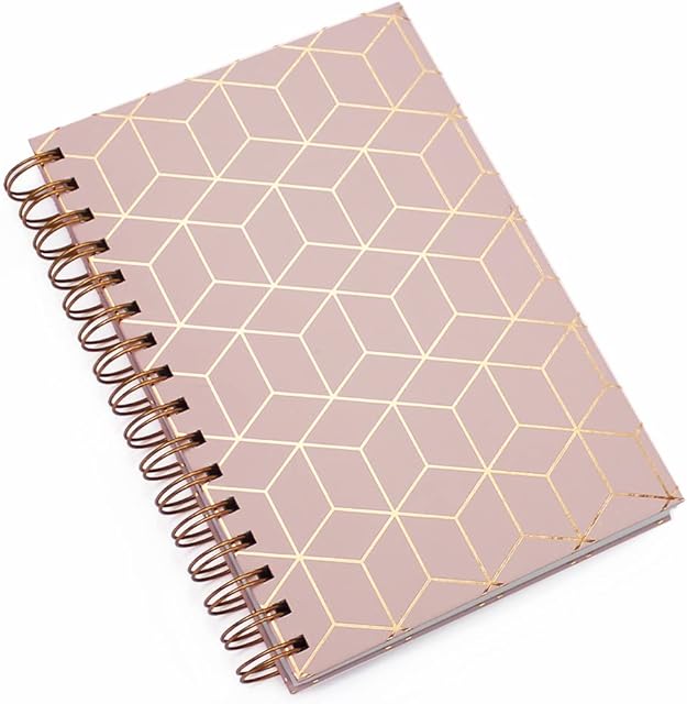 Fashion Stationery A5 Wirobound Notebooks Hardback Lined Note Book Notepad Writing Journal in a Grey, Pink or Lilac Metallic Gold Geometric (Pink)