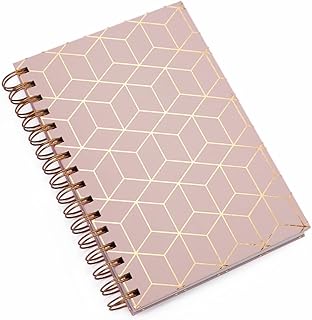 Fashion Stationery A5 Wirobound Notebooks Hardback Lined Notepad Writing Journal in a Grey, Pink or Lilac Metallic Gold Geometric (Pink)