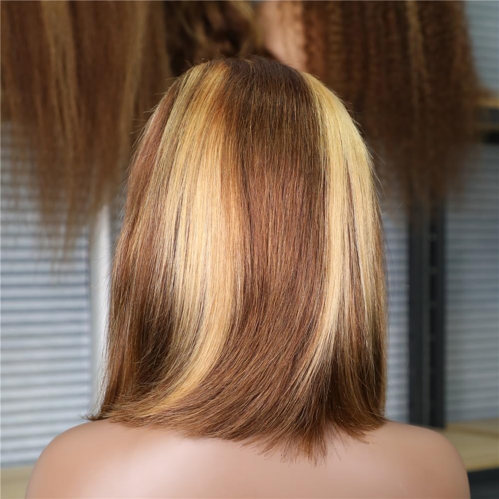 Wstępnie depilowane krótkie ludzkie włosy peruka dla kobiet, proste koronkowe peruki 13x4, miód blond ombré 10-16 cali nadaje się dla początkujących (30 cm)