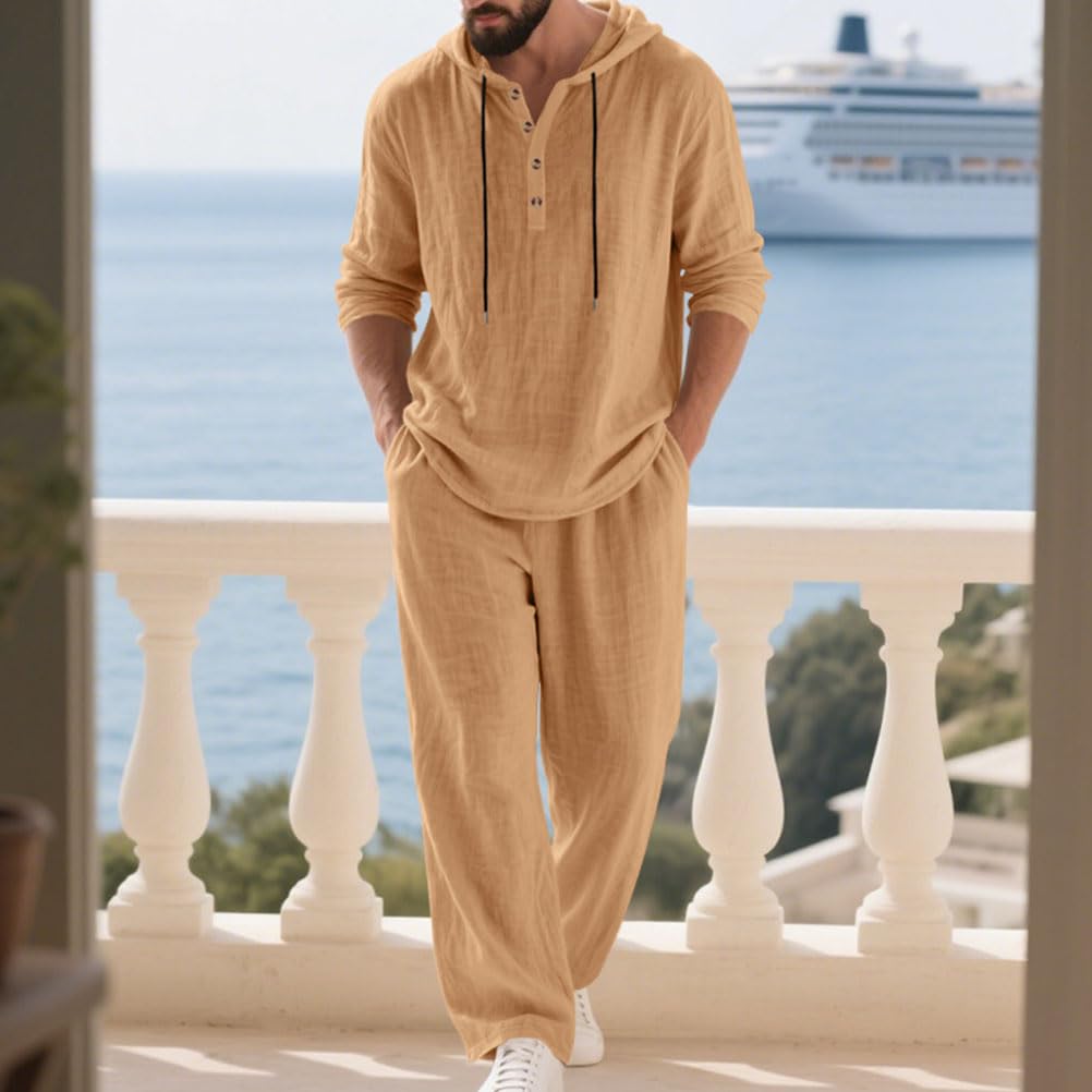 Homme Ensemble en Lin 2 Pièce Chemises Shirt à Capuche Manches Longues Pantalons Casual Vintage Survêtement Printemps Été