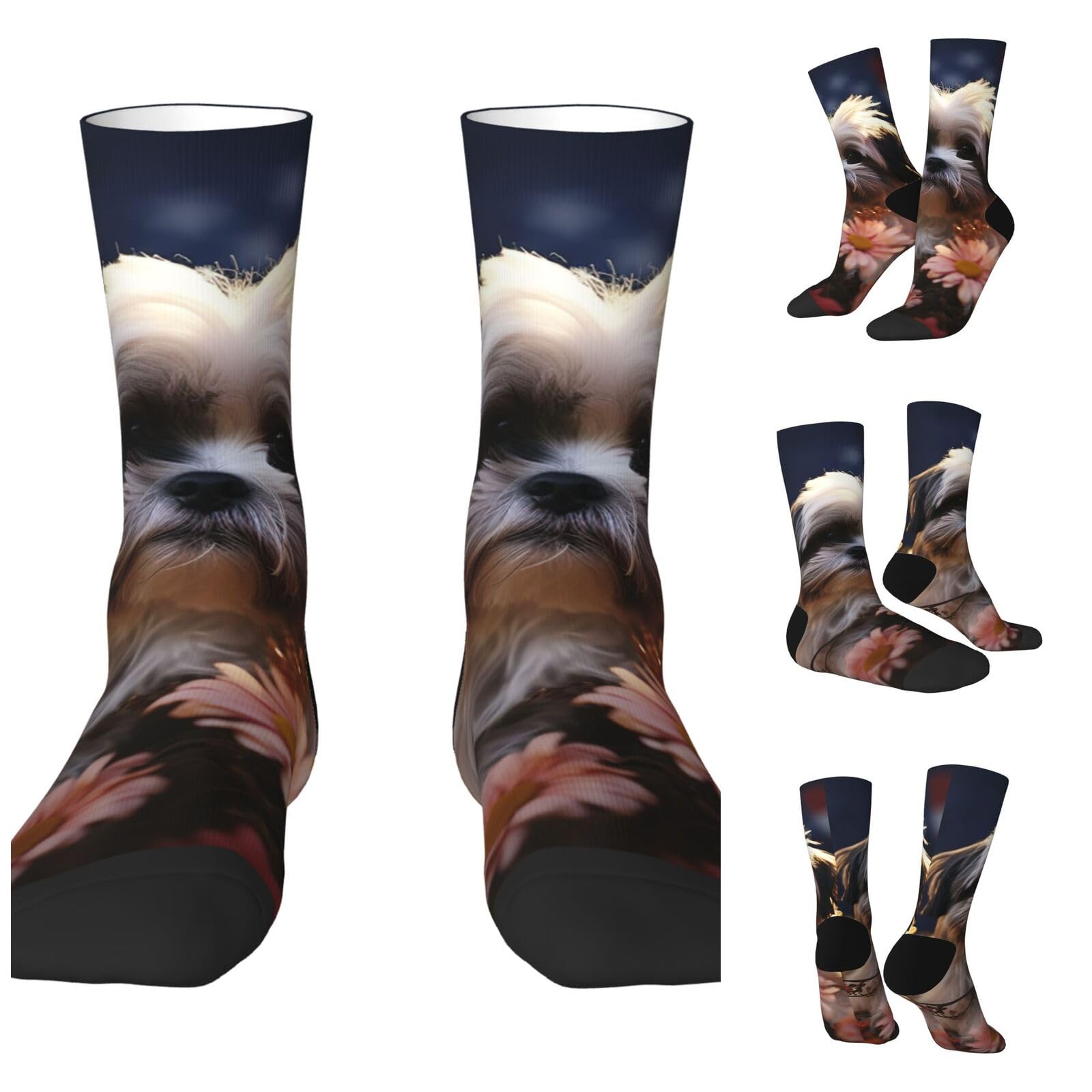 LZQPOEAS Shih Tzu dog and flowers Athletic Socks Unisex Cushioned Crew Socks Hiking Running Calf Sock Soft Above Ankle Sock