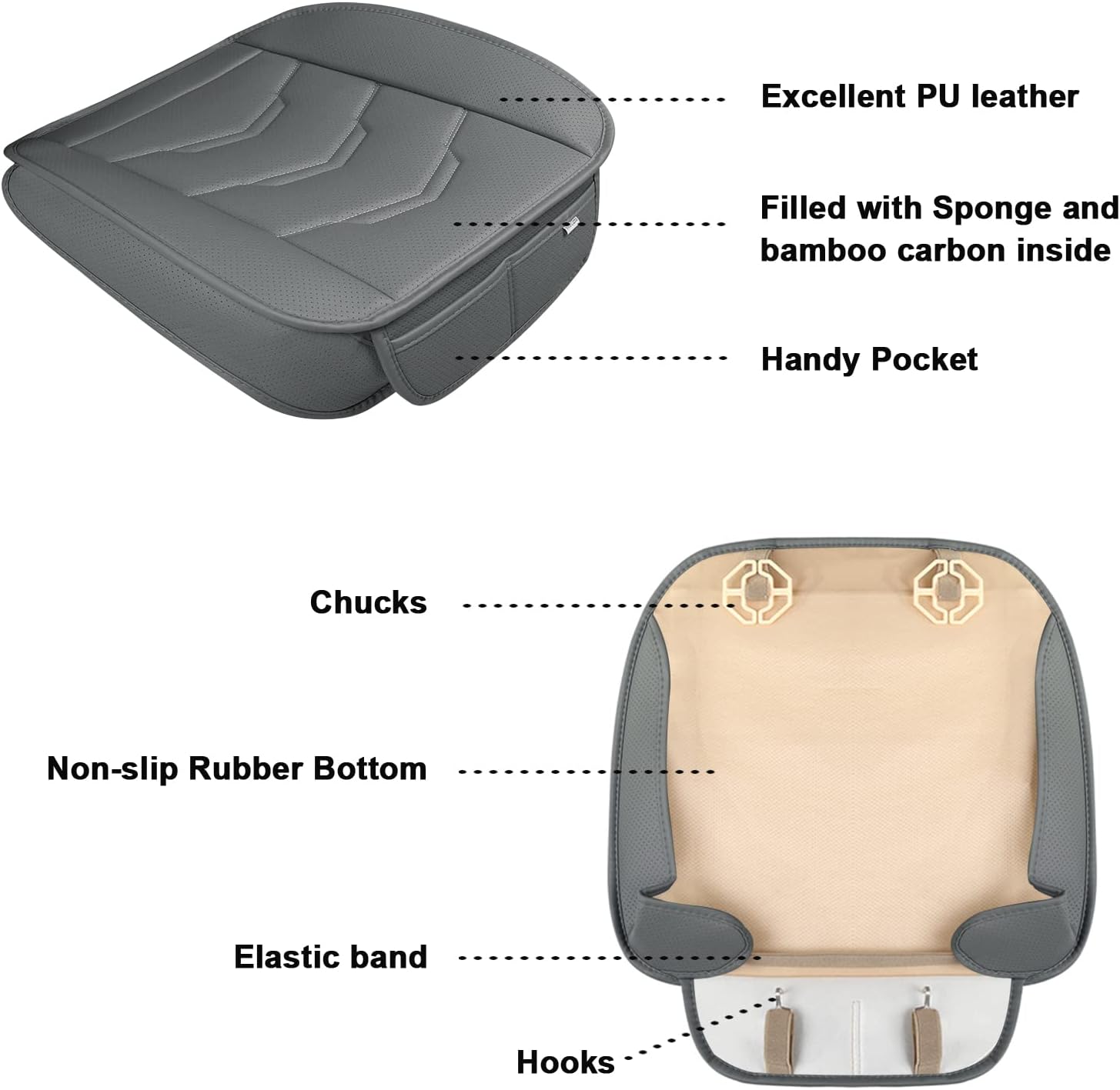 West Llama 2 Pack Front Car Seat Bottom Covers Pad Mat Filling Breathable Bamboo Charcoal, PU Leather Driver Car Seat Protector Pad for SUV Toyota Honda Ford Jeep, 21.26 × 20.86 Inch Gray
