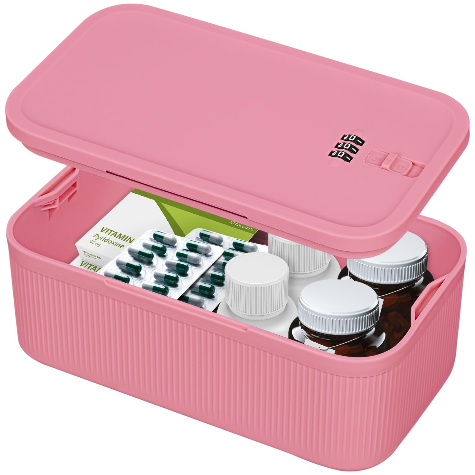 HOTOOLME Lockable Storage Box,Medicine Lockbox,Organizer Box with Combination Lock,Small Lockbox Travel Case,Containers Bin for Fridge,Office,Home,School (Berry)