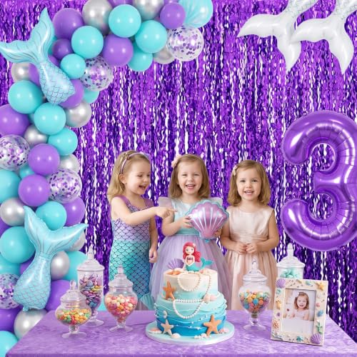 Image of TONIFUL 2Pcs Laser Wavy Purple Metallic Tinsel Foil Fringe Curtain Streamer | 3.3ftx6.6ft Photo Booth Backdrop Door Streamer Curtain, Props for Bachelorette Mermaid-Themed Birthday Graduation Decoration