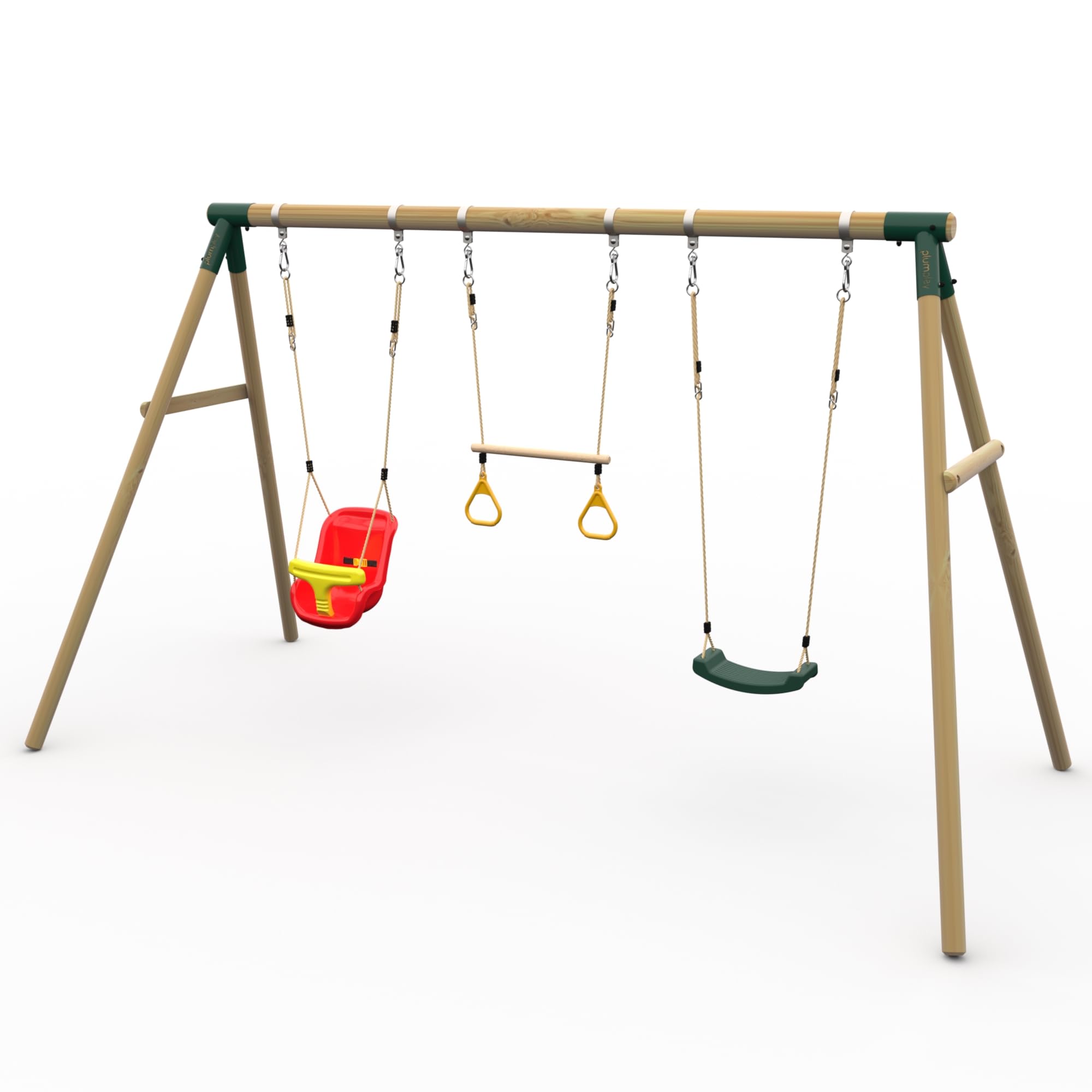 Plum Play Kids Outdoor Wooden Round Pole Garden Swing Set with Ground Anchors- Safe Sturdy A Frame-Up to 50kg user per accessory - Up to 5 year Warranty (Triple Green Mangabey with Baby Seat)