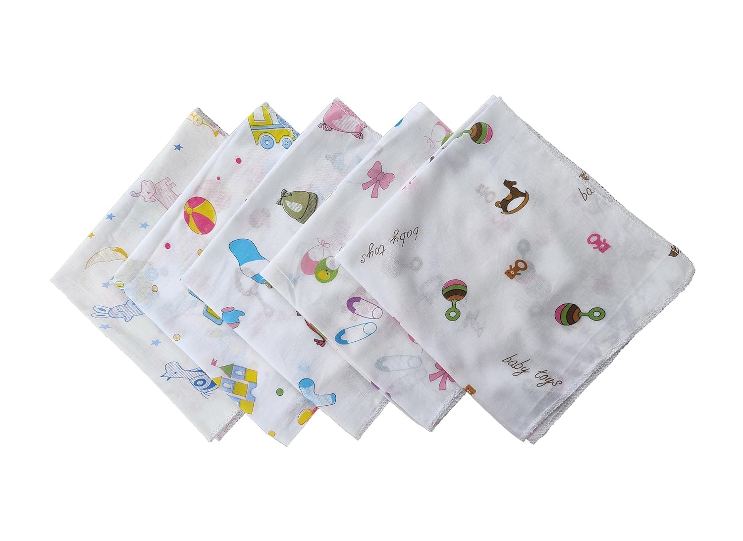 Trance Home Linen Super Soft 100% Cotton Thin Malmal Face Towels | Reusable Hygiene Wash Cloth | Napkin for New Babies | School Use (Small 40X40 Cm, Nursery Designs - Pack of 5 Pcs), 200 Tc