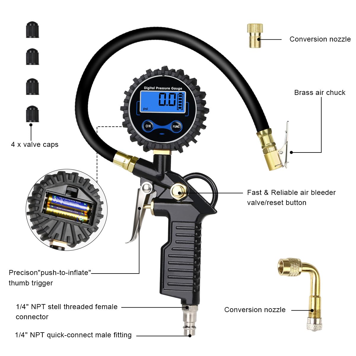 URAQT 3 in 1 Manometro Pressione 220PSI Manometro Digitale Professionale, Manometro per Pneumatici con Display LCD e 20 Accessori, Manometri per Pneumatici per Auto Moto Camion e Biciprofessionale