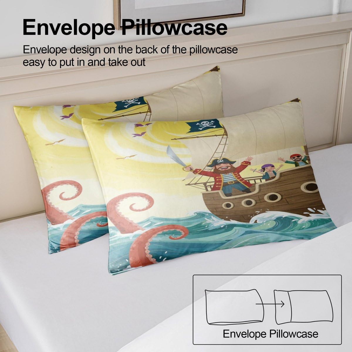 Tier-Piratenschiff-Bettwäsche, sonniges Meer, Abenteuer, Cartoon-Bettbezug, weiche Mikrofaser, Bettbezug für Kinder, Jungen, Mädchen, Schlafzimmer, Dekoration (Stil 3, Einzelbett 135 x 200 cm + 65 x