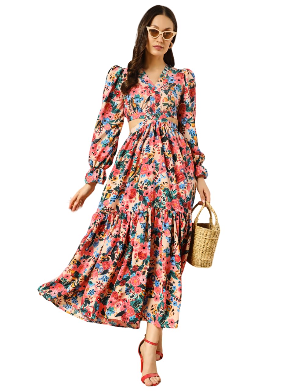 Kzully Women's Crepe A-Line Maxi Casual Dress (Sfs-2001-Blue-Rose-M-Print_Blue-Rose