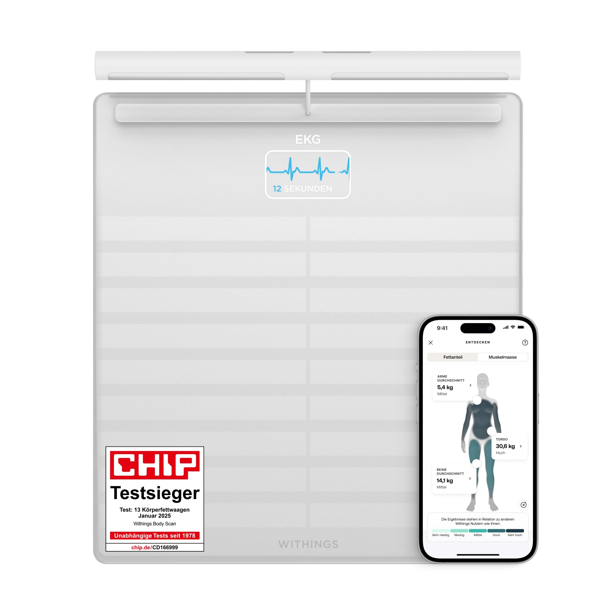 WITHINGS Body Scan - Vernetzte WLAN-Waage zur Verbesserung Ihrer Gesundheit, BIA-Personenwaage, Analyse der Körperzusammensetzung, Körperfett, Muskelmasse, Wasseranteil, Elektrokardiogramm, Weiß