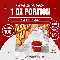 Vista 1 de Paquete de vaso y tapa de 1 onza (100 juegos) para aderezo, salsas y más. Vasos desechables de plástico para porciones con tapas, tazas de soufflé