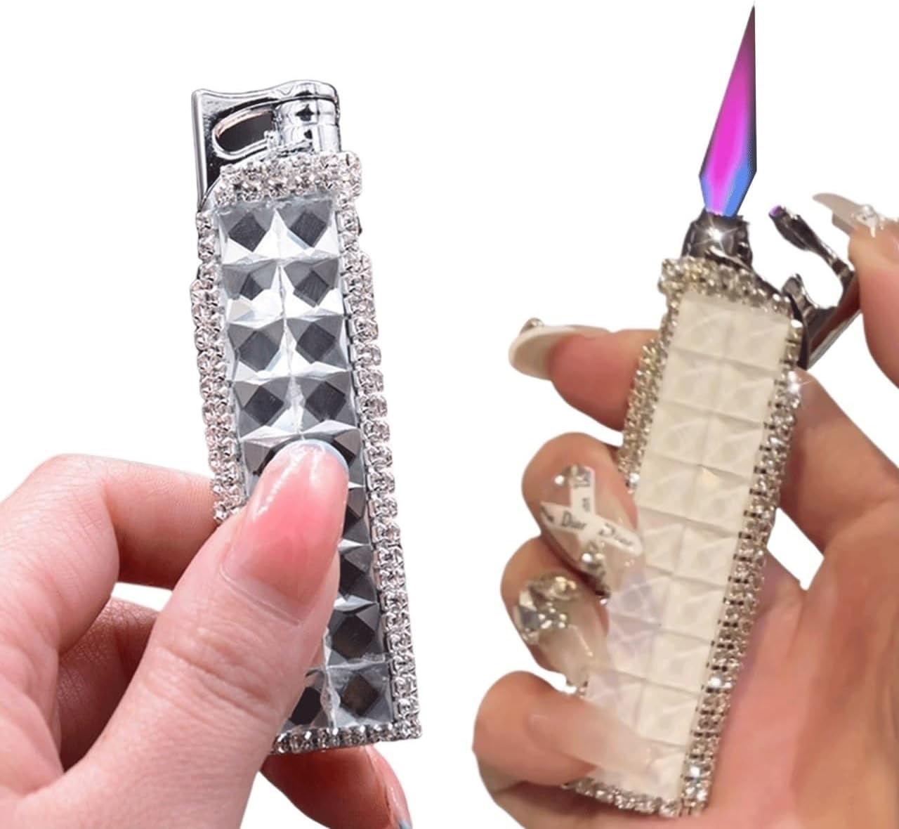 TARVIT 2pcs Mini Thin Butane Lighter，Windproof Jet Pink Blue Flame Cigarettes Lighter ，Cute Bling Glitter Rhinestone Torch Lighters Women Lady Wife Gifts (Color : Silver+White)