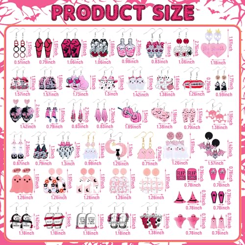 Nosiny 48 Pairs Pink Halloween Earrings Set for Women Ghost Skeleton Bat Drop Dangle Earrings Lightweight Acrylic and Alloy for Halloween Party Jewelry Gifts2