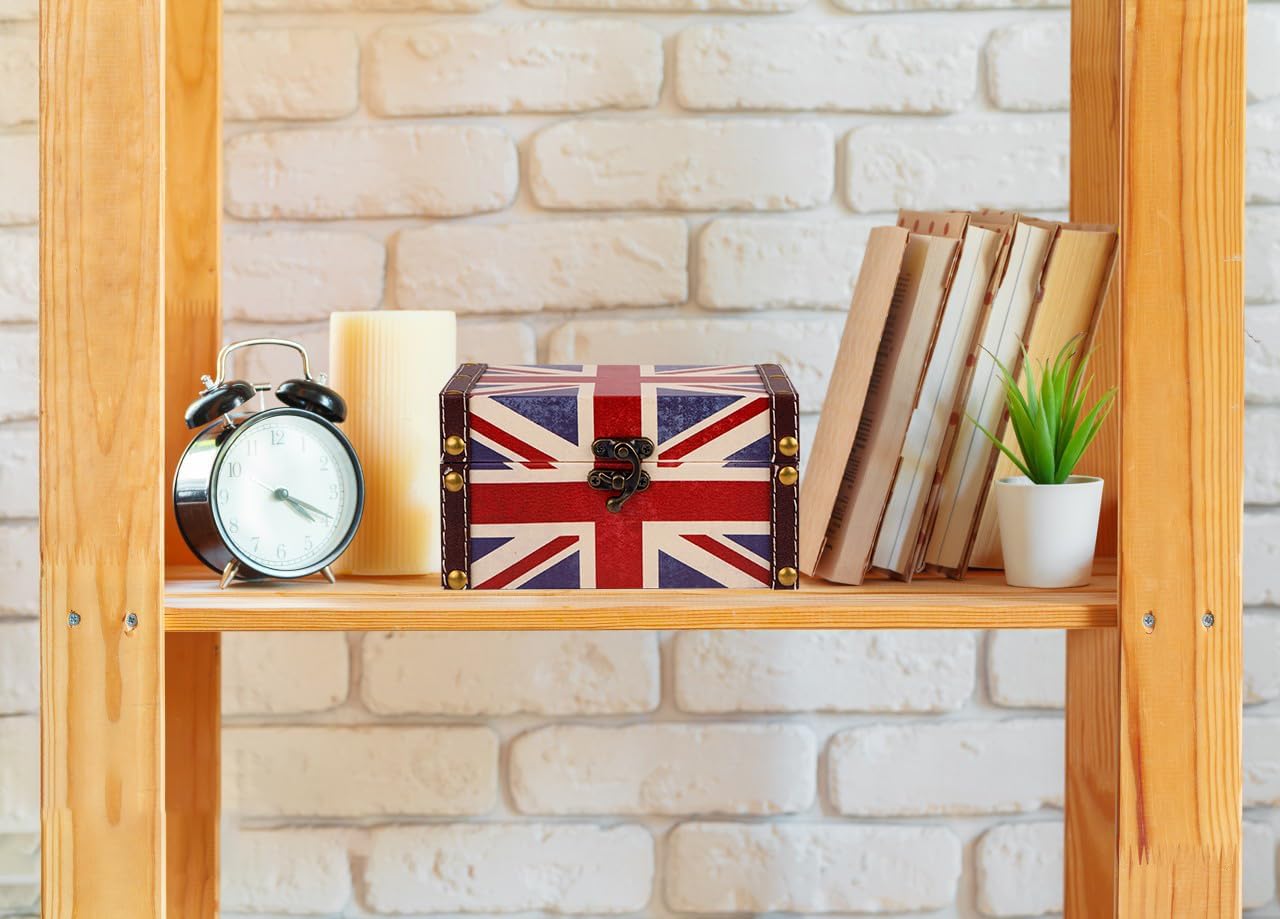 WaaHome Treasure Box 6.2'' Wood Decorative Box British Flag Treasure Chest Jewelry Keepsakes Box for Kids Women Girls London Gifts Home Decor