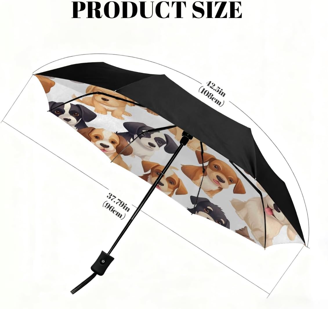 Cute Animal Puppy Pattern Folding Umbrella Windproof Compact Lightweight Travel Umbrella with 8 Reinforced Ribs, Portable UV Sun & Rain Protection for Men & Women