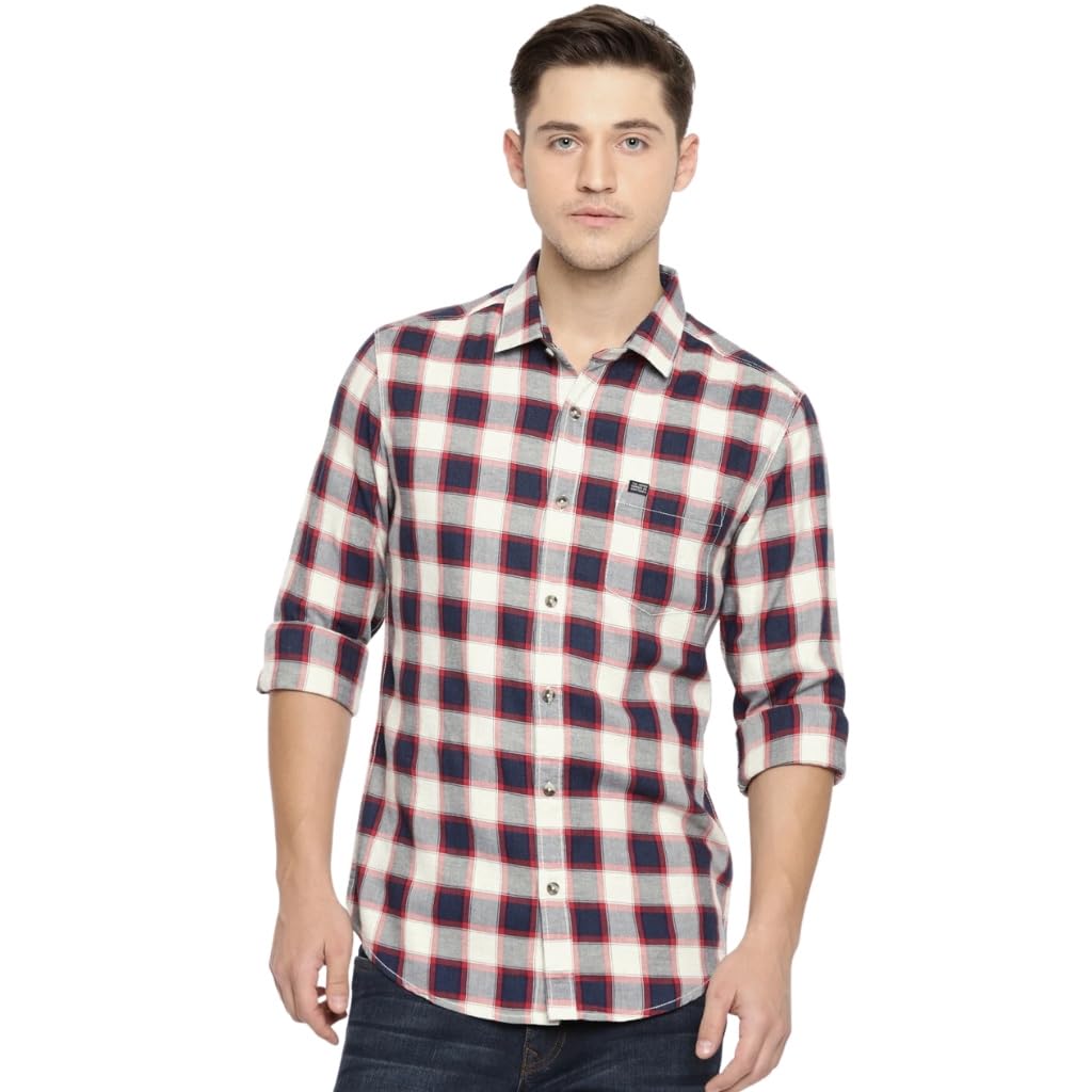 The Indian Garage Co Men's Checkered Slim fit Casual Shirt (1118-SH05-06_Cream XL-112CM)