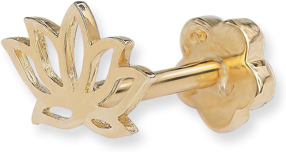 JewelryWeb - 14k Yellow Gold 18G Polished Lotus Flower Conch Tragus Helix Piercing Jewelry - 6mm x 5mm - Flat Back Stud Earring - Internally Threaded Labret - Hypoallergenic Non Tarnish