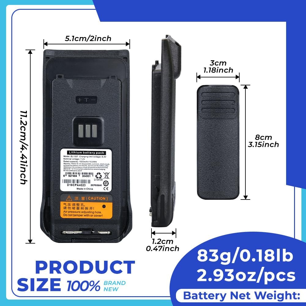 7.2V 1500mAh BL1507 Li-ion Battery for Hytera AP580 BP510 BP560 BP515 AP588 BP516 BP518 BP568 BP565 Portable Radio Replacement Battery with Belt Clip