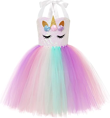 Miniatura 2 de Davsolly Vestido de cumpleaños de unicornio para niñas, disfraz de unicornio arcoíris de 3 a 8 años para Halloween, Navidad, cosplay, regalos de