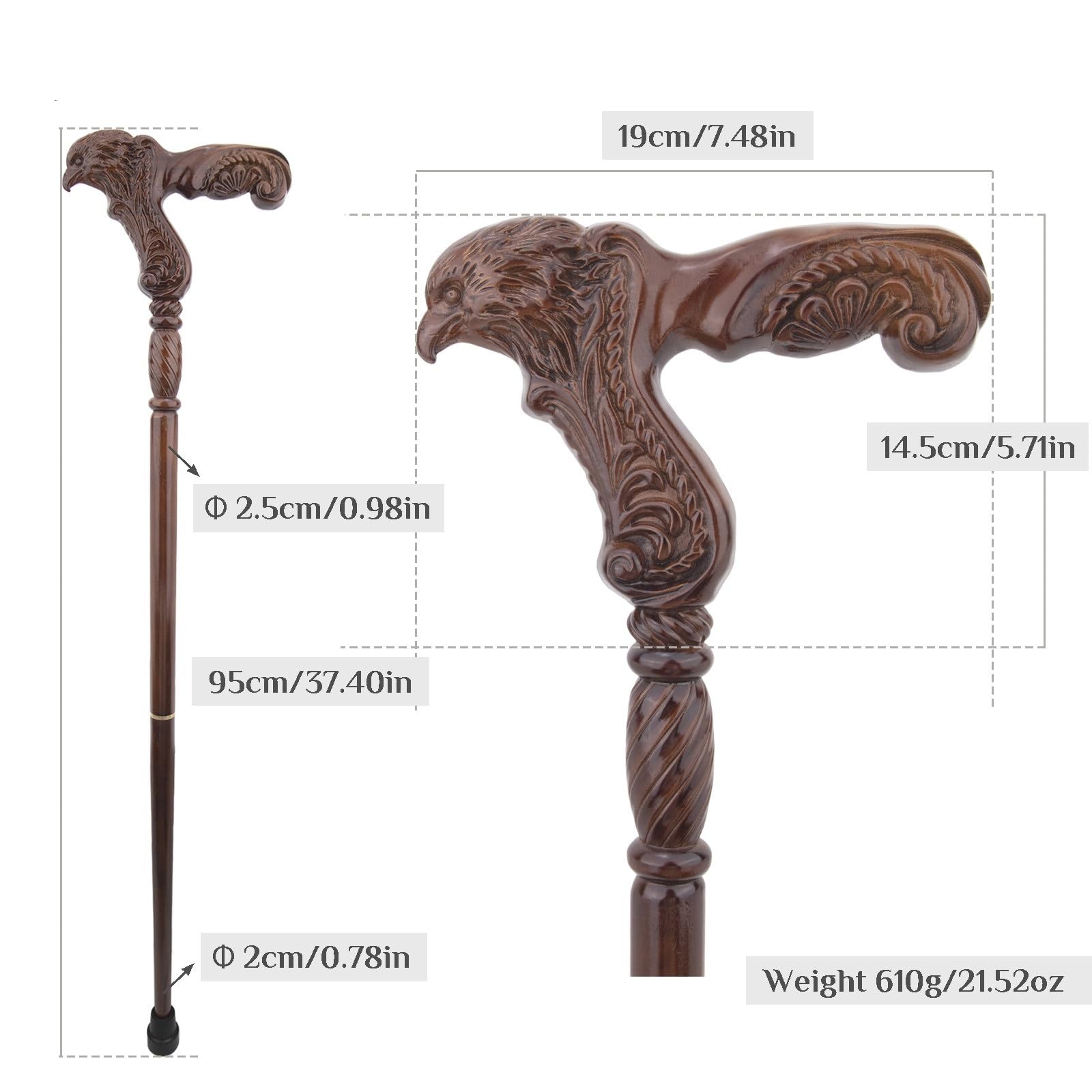 Bastoni da Passeggio In Legno con Motivo Aquila, con Impugnatura Ergonomica e Punta in Gomma Antiscivolo, Bastone Decorativo di Lusso Cospaly per Uomo e Donna 95 Cm