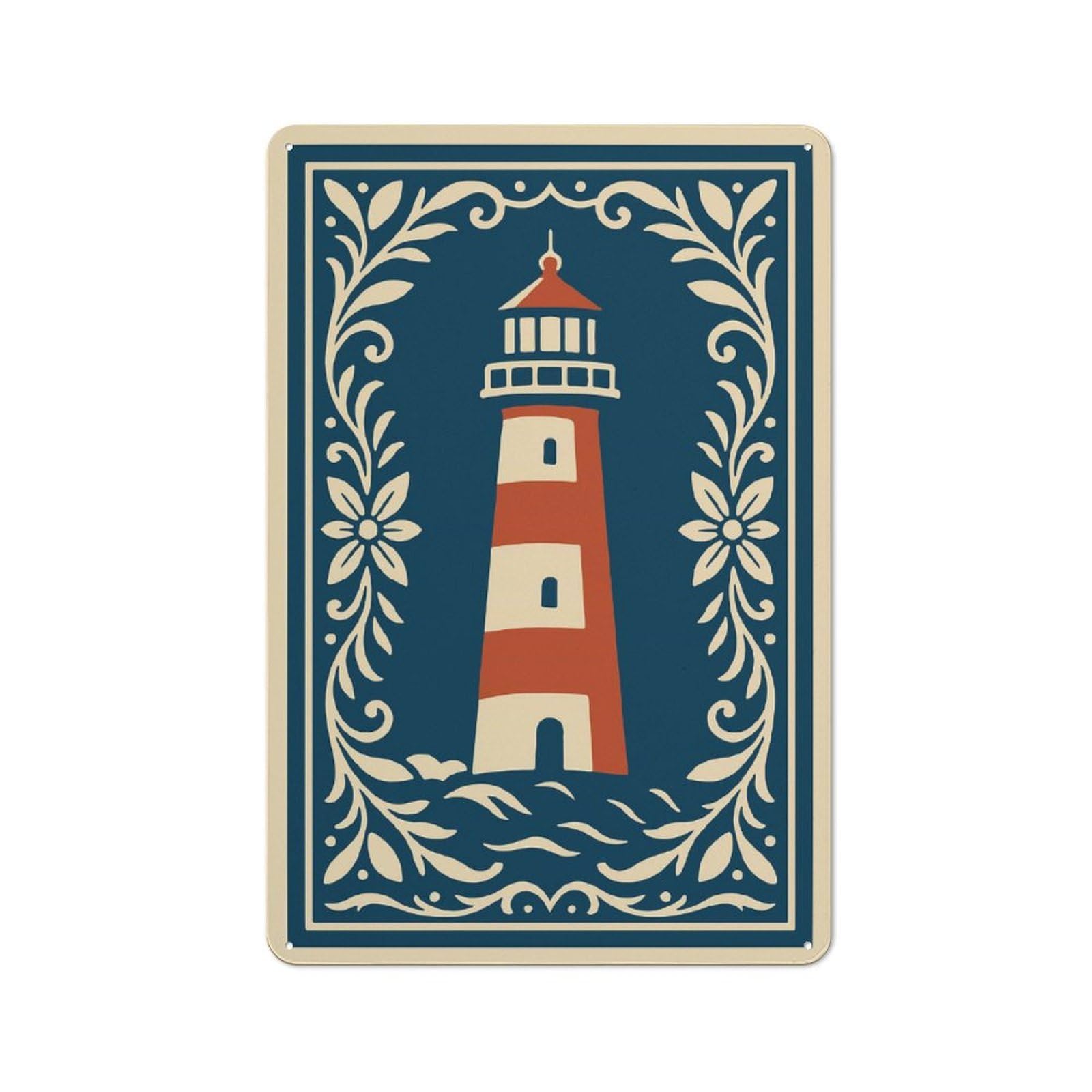 Junmoney Style-15 Lighthouse Illustration With Floral Border Retro Metal Wall Sign 30X20cm For Living Room Or Hallway, For Collectors Decorating Living Rooms And Hallways