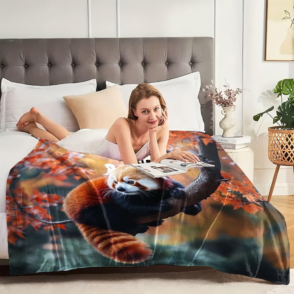Koc polarowy XXL, 180 x 200 cm, zwierzęta, czerwona panda, liście klonu, sherpa, flanela, koc ciepły, miękki, pomarańczowy, na sofę, do odpoczynku, samochodu, biura, domu