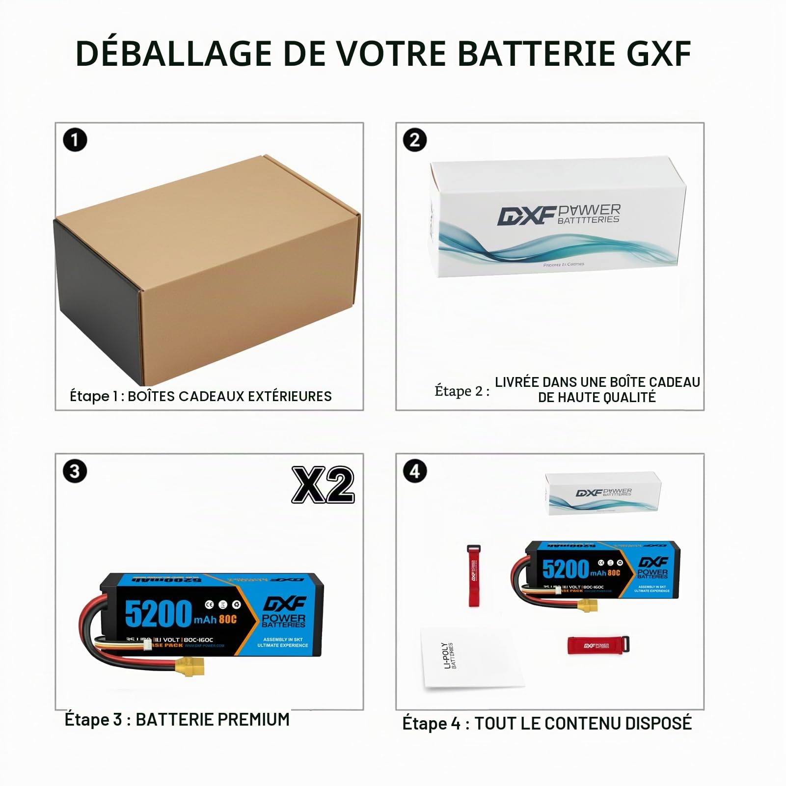 DXF Batterie LiPo 3S 11.1V 5200mAh 80C avec Prise XT90, Lot de 2 Batteries Lithium Polymère Haute Performance pour Hélicoptère RC Avion Bateau Voiture Drone Multi-Rotor Modélisme