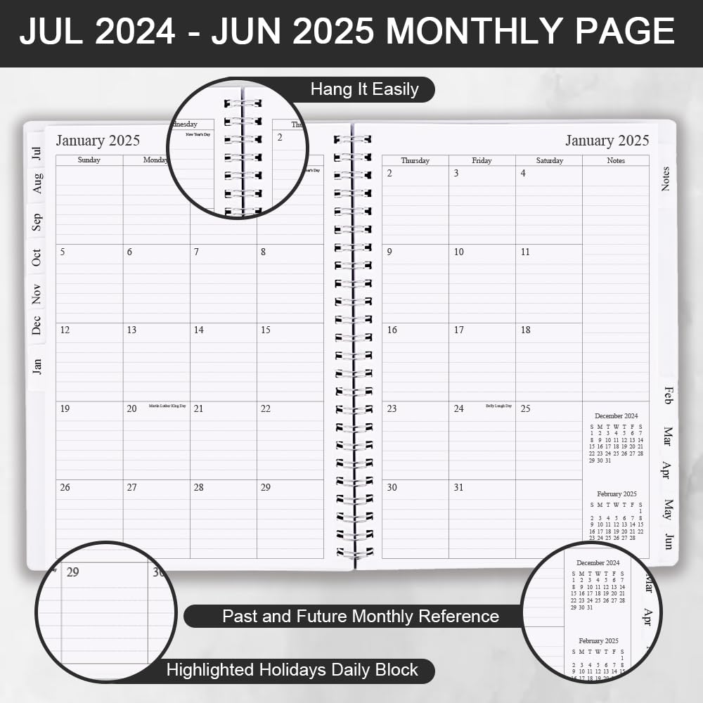 Agenda 2024-2025, planner settimanale e mensile, da luglio 2024 a giugno 2025, 15,9 x 21 cm, linguette mensili, pagina note, tasca interna, copertina flessibile con rilegatura a doppio filo, nero