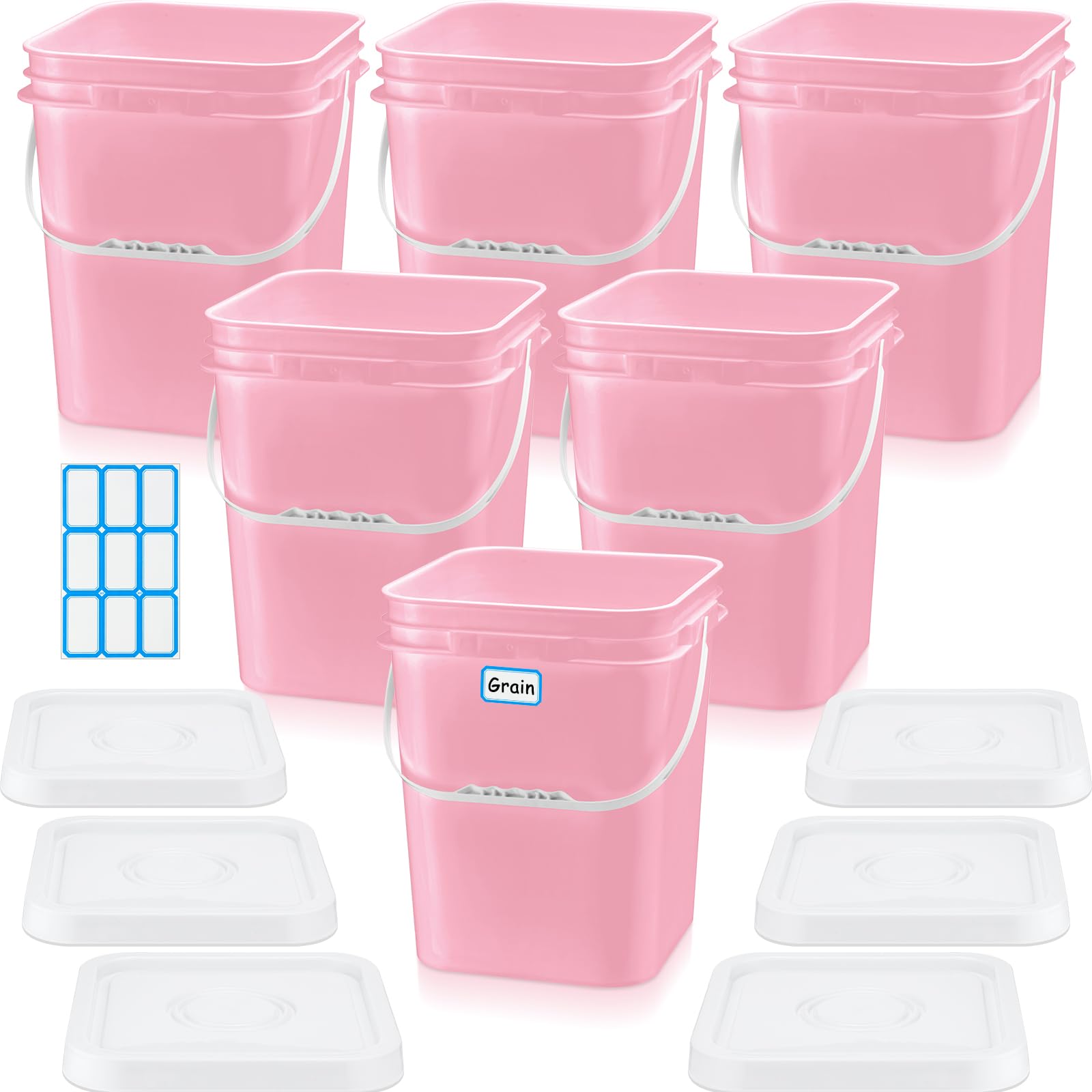 Vesici 6 Pcs 5 Gallon Food Grade Square Buckets with Lids 5 Gal Plastic Food Storage Square Bucket Heavy Duty Industrial Pail Container with DIY Label