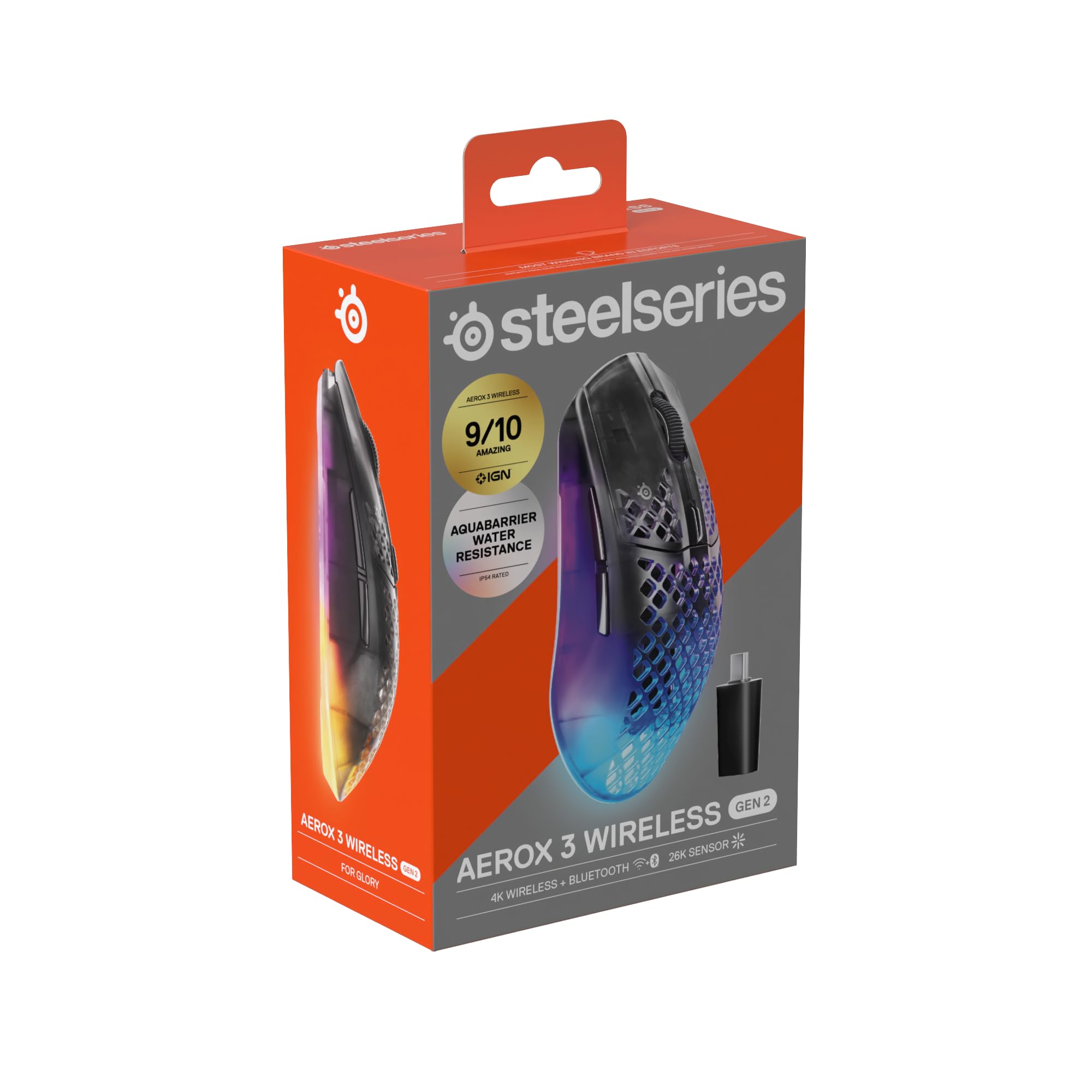 SteelSeries Aerox 3 Wireless Gen 2 – superlekka mysz dla graczy, polling 4K, sensor optyczny 26K DPI, 200 godzin pracy, wodoodporność IP54, 80 mln kliknięć, RGB, ślizgacze 100% PTFE, Shadow