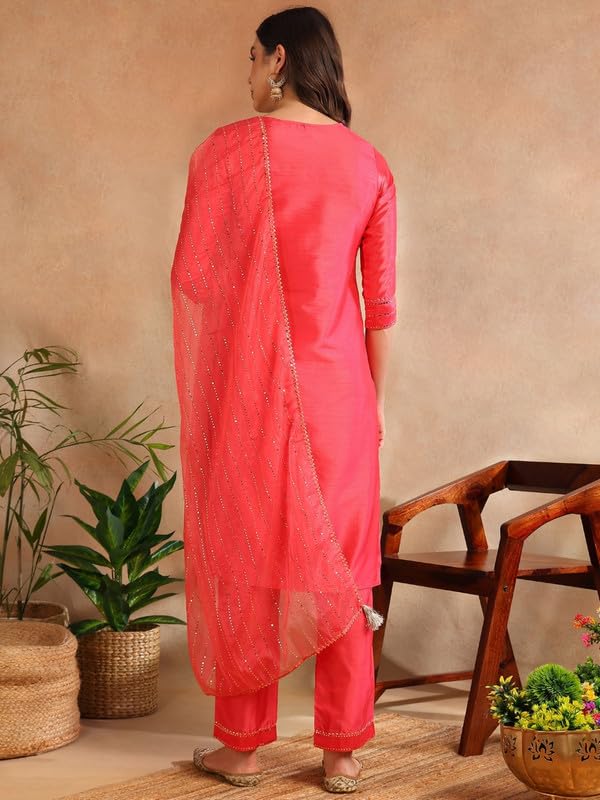 Image of Vaamsi Women's Poly Silk Embellished Solid Straight Kurta Pant with Dupatta