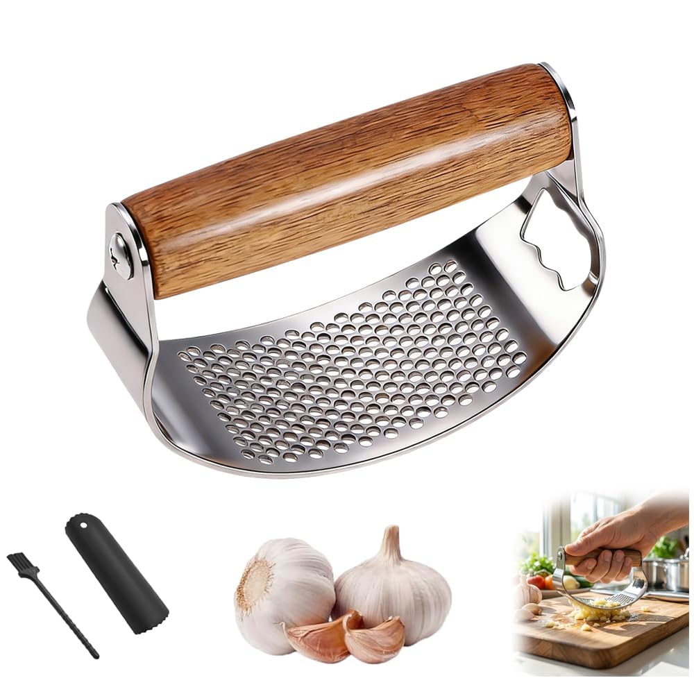 Garlic Press Rocker 2026 New,Portable Manual Stainless Steel Garlic Press Rocker Crusher Masher with Garlic Peeling Drum for Home Kitchen Utensils Garlic Crusher (1-pcs)
