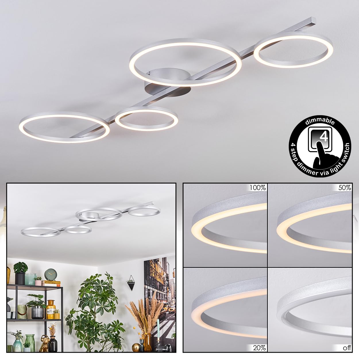 HOFSTEIN Lampa sufitowa LED Firon, ściemniana lampa sufitowa z metalu/tworzywa sztucznego w kolorze srebrnym/białym, nowoczesna lampa ściemniana za pomocą przełącznika ściennego (ściemniacz stopniowy