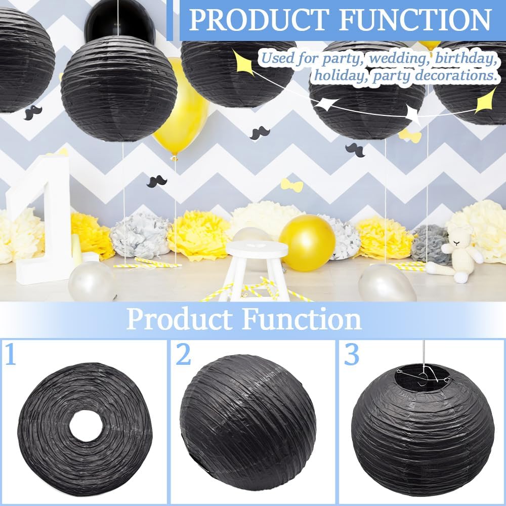6 Pcs Paper Lanterns 12-Inch Black Chinese Japanese Round Hanging Decoration Paper Lanterns for Halloween Wedding Birthday Paper Lanterns Party Decorations (DLHE/Black)