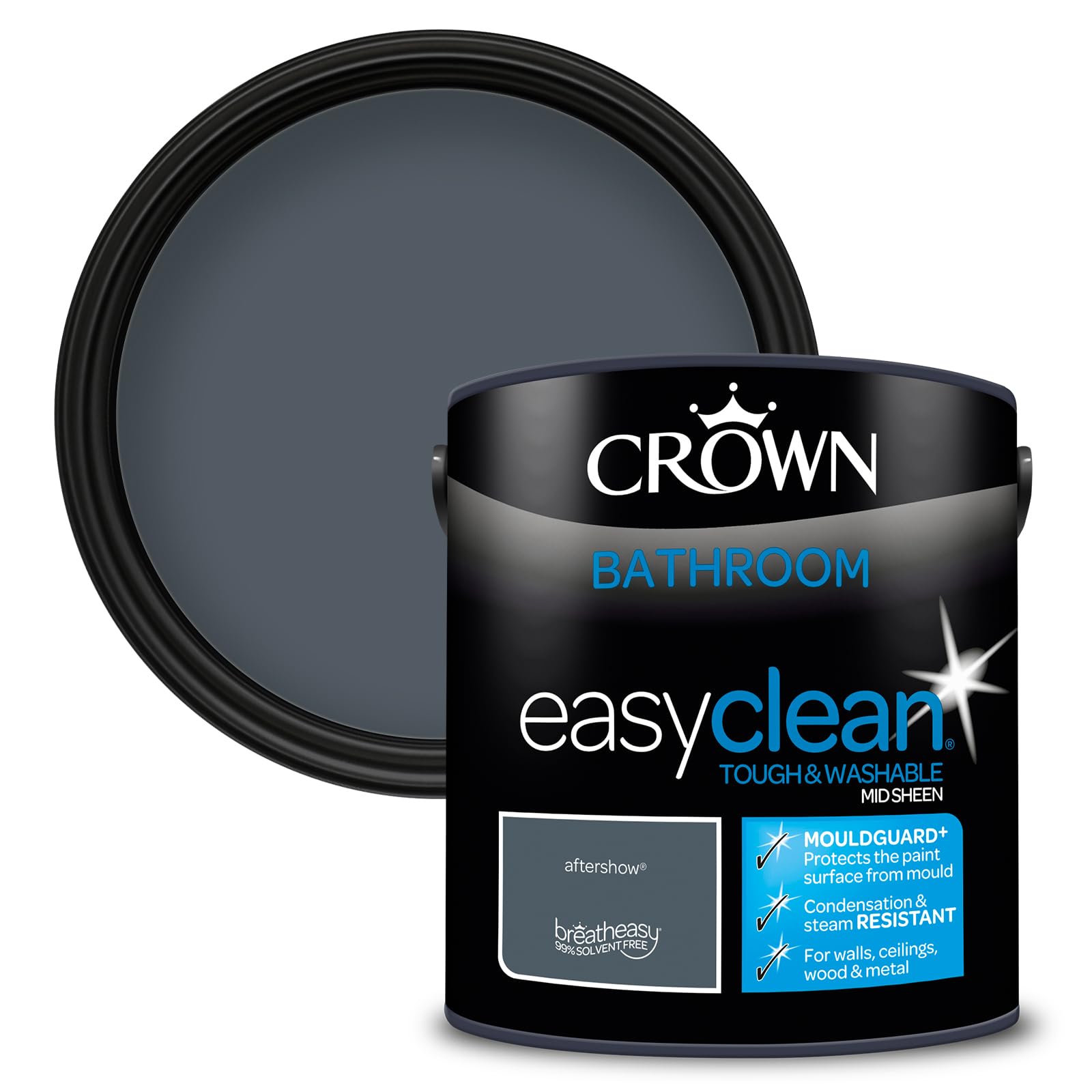 Crown Aftershow - Bathroom Paint, Mid Sheen Emulsion - Washable, Mould and Condensation Resistant - Navy Blue Paint - Bathroom and En Suite - Water Based, Low Odour Paint - 2.5L