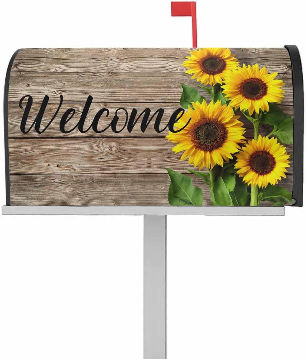 Blooming Sunflower Inspirational Quote Mailbox Covers Magnetic Standard Size,Decorative Post Letter Numbers Box Wrap Decoration Covers Accessories for Garden Yard Décor,Retro Farm Brown Wood Grain