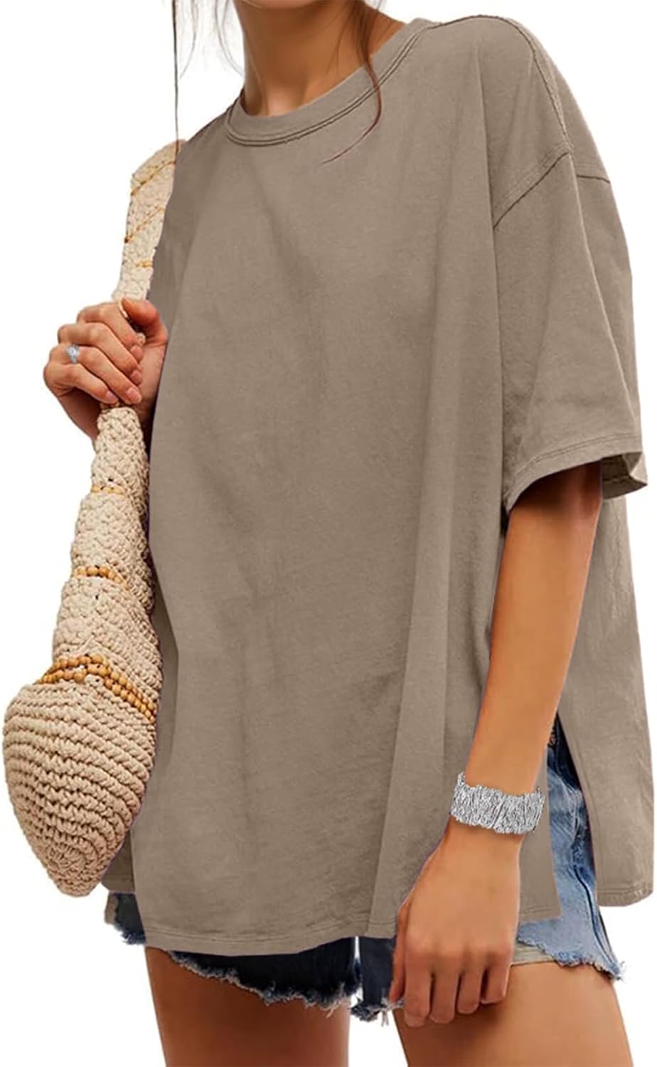 UNCLECAT Womens Oversized T Shirts Summer Trendy Short Sleeve Crew Neck Tops Loose Fit Side Slit Tee