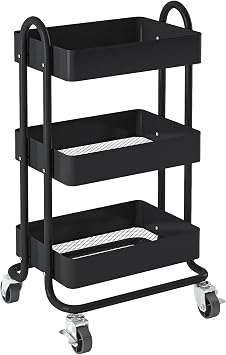 Metal Rolling Cart,3-Tier Metal Rolling Cart with Wheels,3 Tier Utility Cart with Wheels for Office,Home,Kitchen,Garden13.4"x18.1"x31" Black