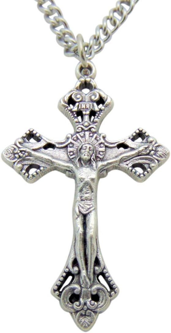 Catholic Men's Crucifix 1 3/4 Inch Long Metal Pendant on a Stainless Steel Chain
