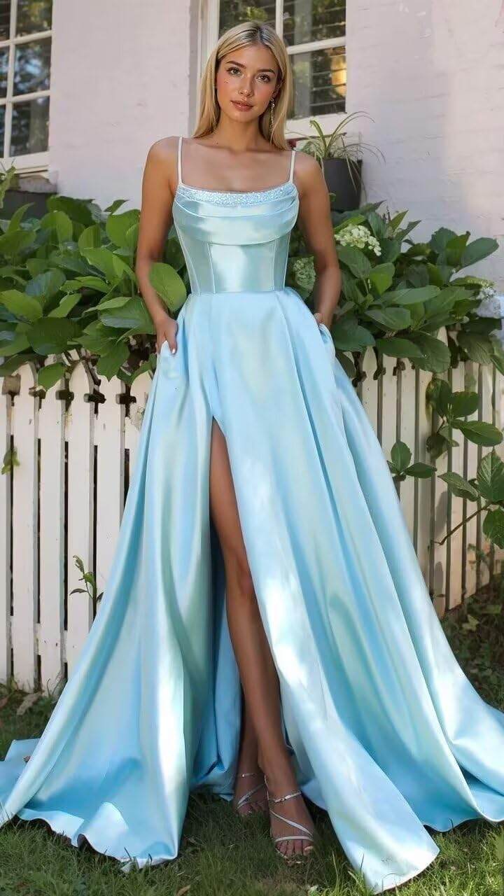 A Line Satin Long Prom Dress with Slit for Women, Spaghetti Straps Formal Evening Party Dress with Pockets