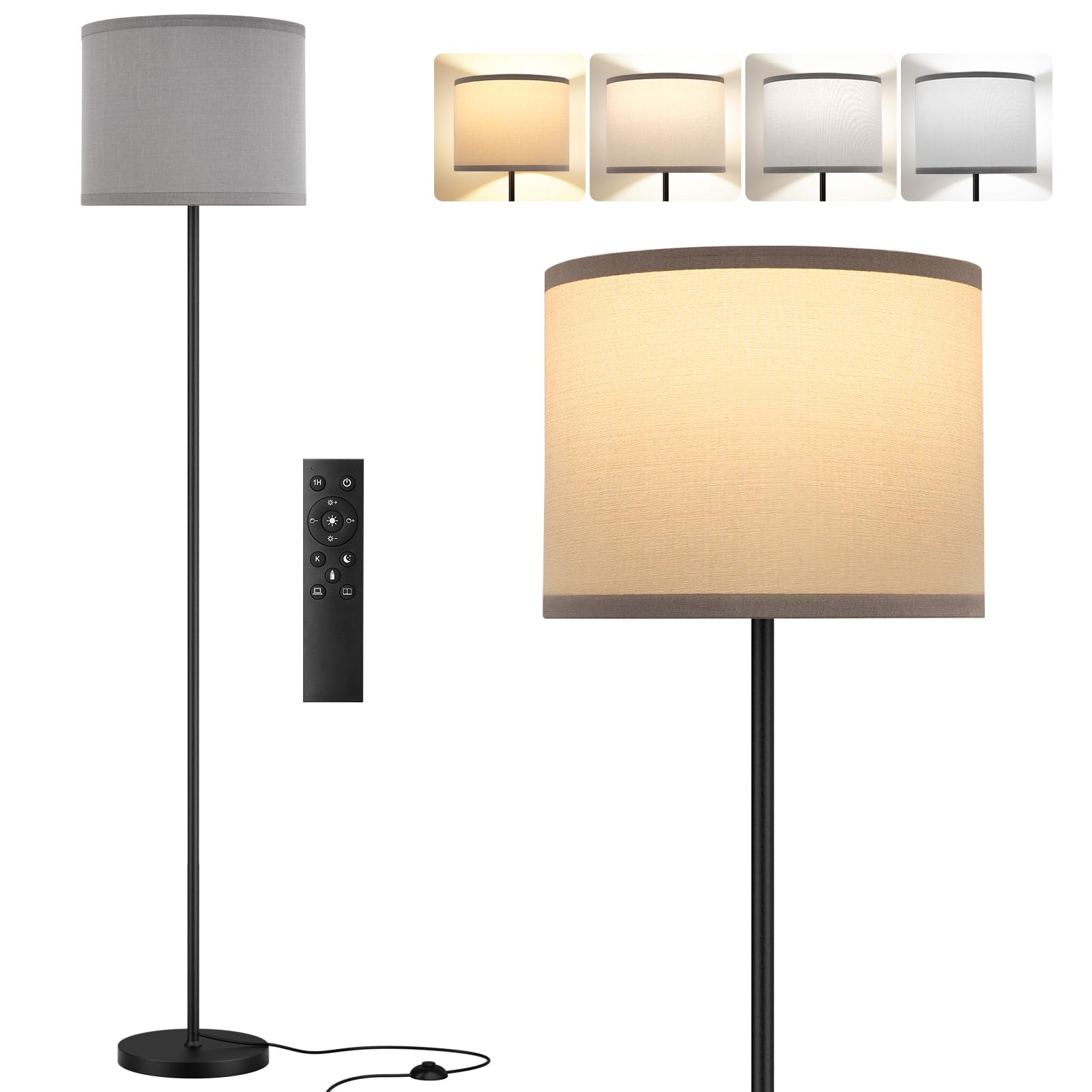 PreeOtti Floor Lamp for Living Room Bedroom with with Remote,Black Pole,Grey Shade(9W Bulb Included)