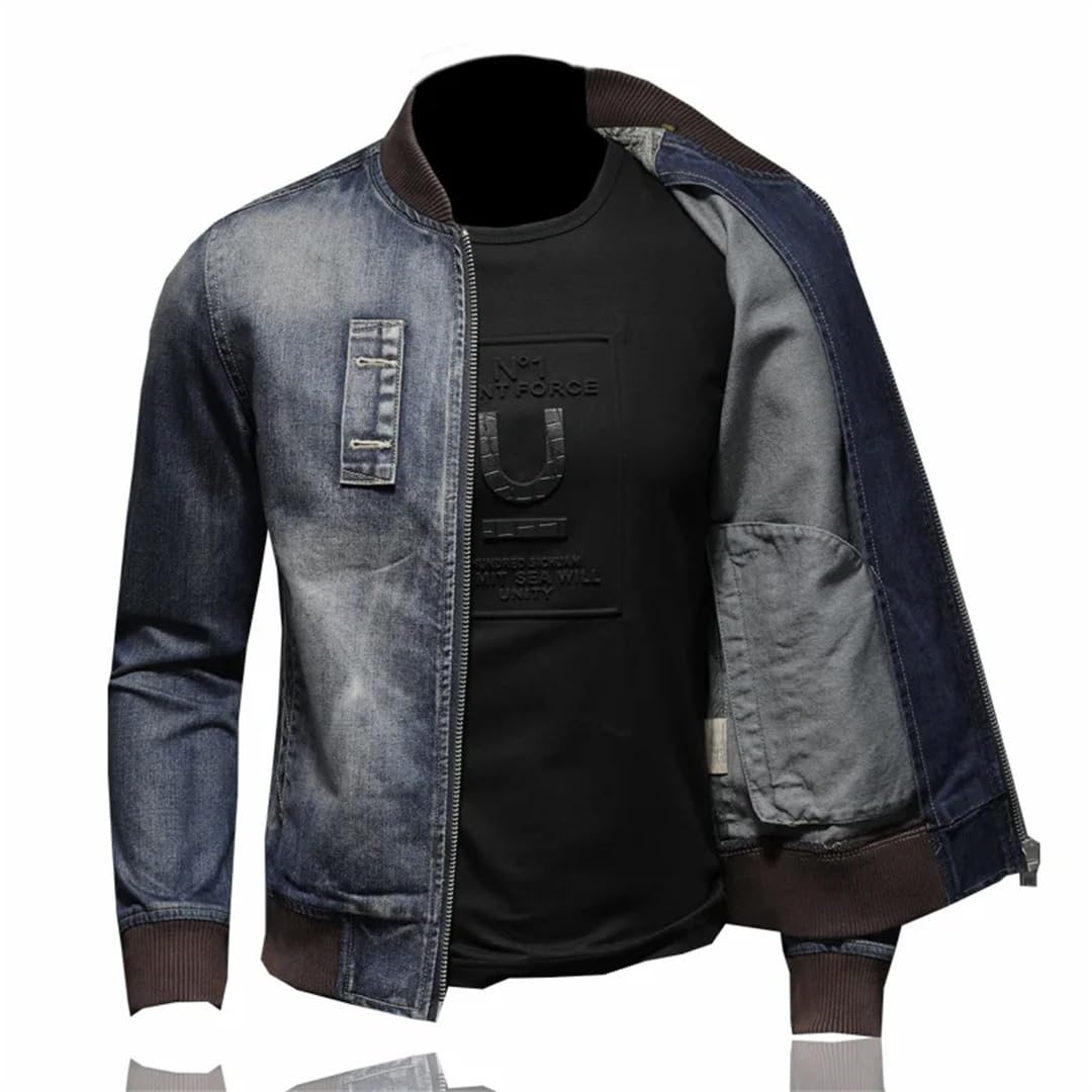 Męska naszywka vintage sprana niebieska kurtka baseballowa denim płaszcz kurtka dżinsowa
