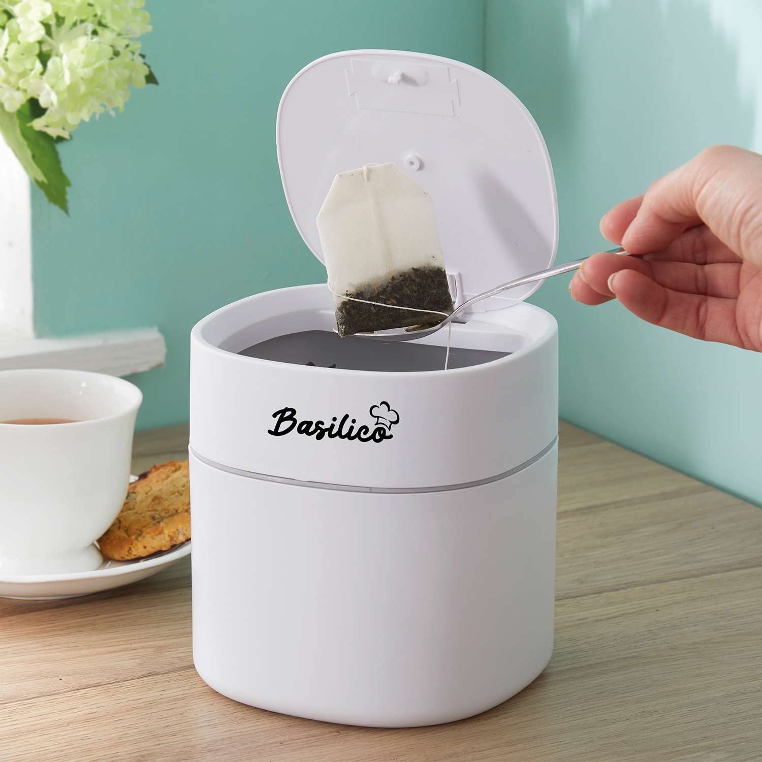 Coopers of Stortford - Countertop Tea Bag Bin with 2L Kitchen Compost Caddy - Compact Waste Bin for Tea Bags & Food Scraps, with Push-Touch Lid - Plastic