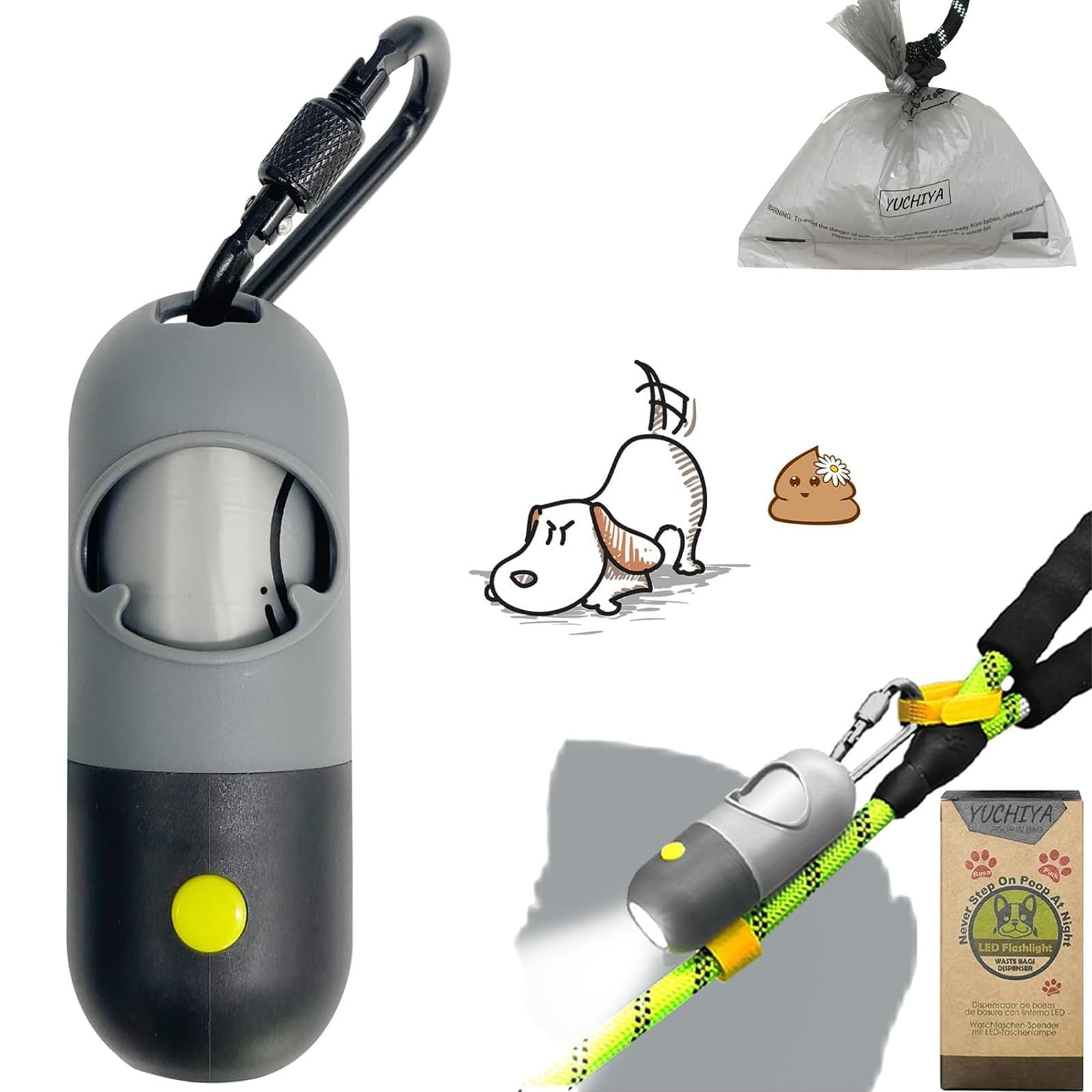 Dog Poop Bag Dispenser with Flashlight|Dog Poop Bag Holder with Leash Clip|Hands-Free Leash Poop Bag Holder with Straps and 1 Roll Dog Waste Bags (Gray)